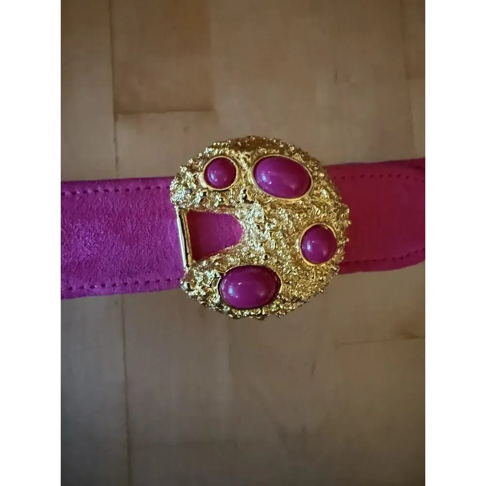 VTG carlisle suede leather belt Pink Gold Gem Buckle Small Funky Retro Art